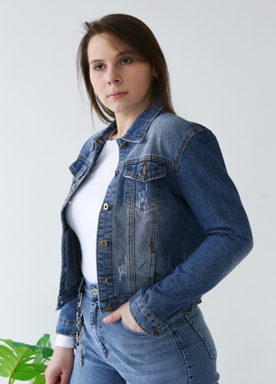 Синя демісезонна джинсова куртка жіноча синя з потертостями вкорочена JEANSclub Прямая