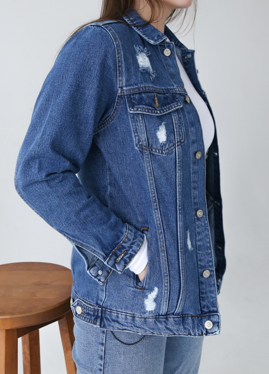 Синя демісезонна джинсова куртка жіноча синя подовжена з рваностями JEANSclub Прямая