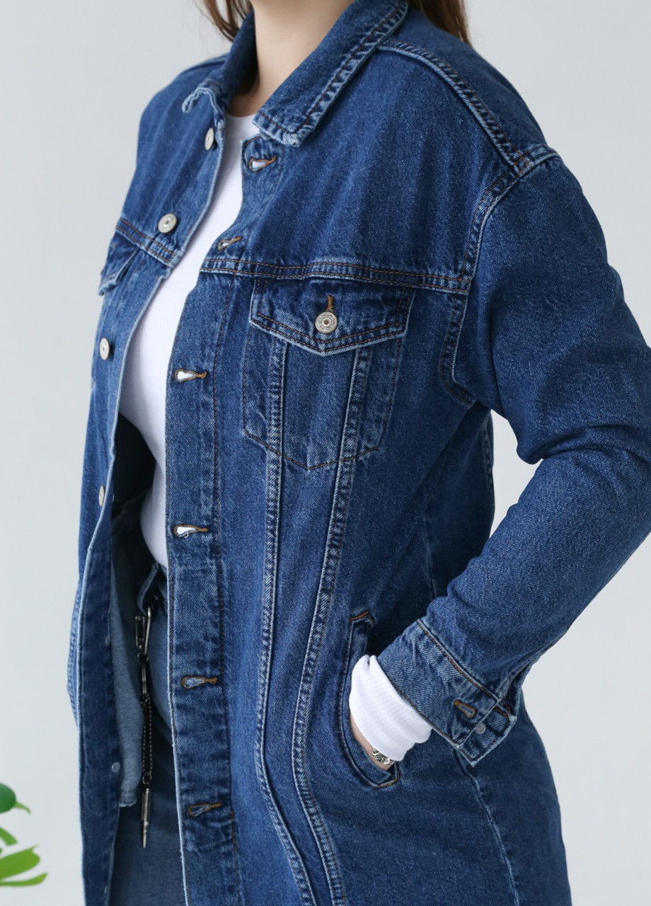 Синяя демисезонная джинсовая куртка женская синяя удлиненная JEANSclub Прямая