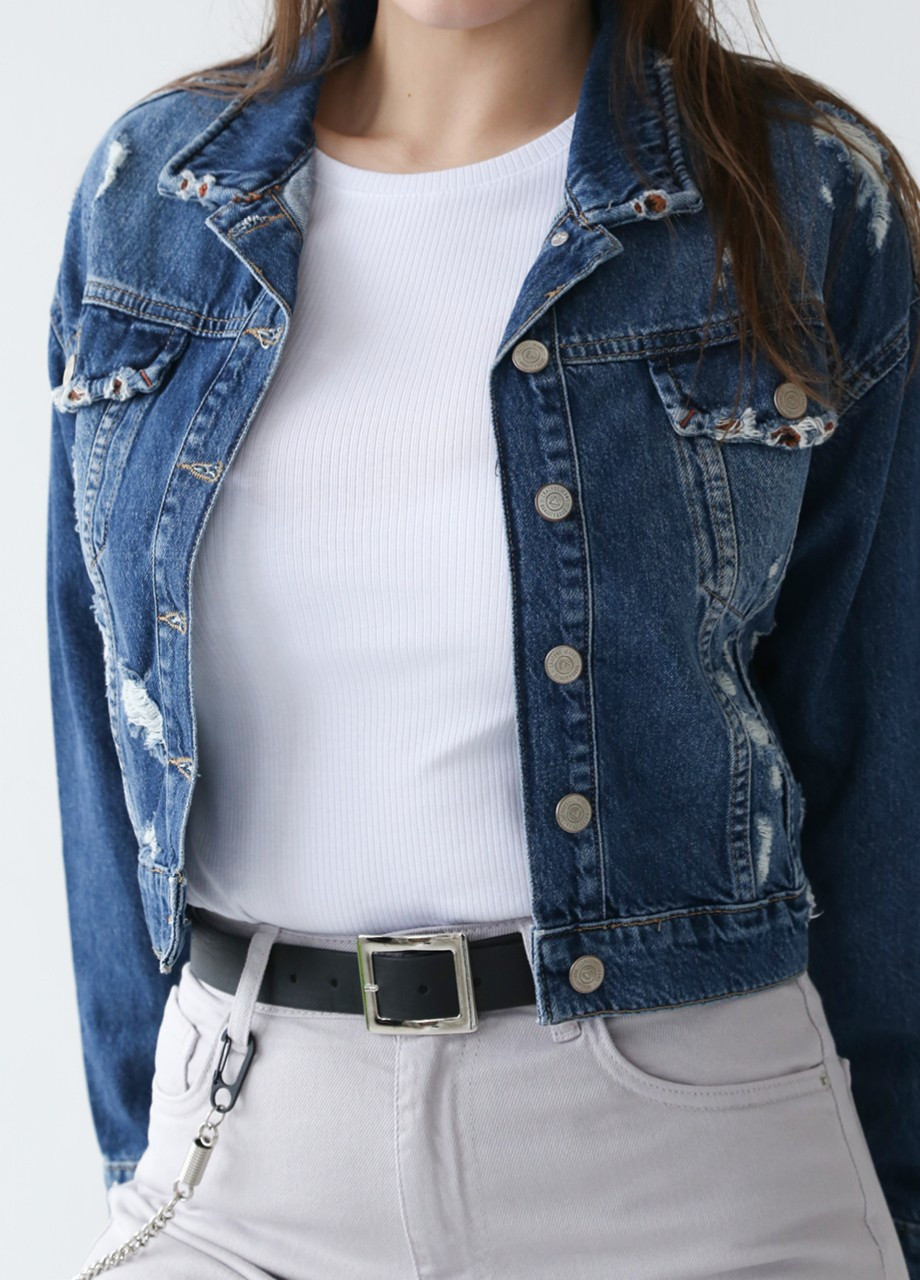 Синяя демисезонная джинсовая куртка женская синяя укороченная с рваностями Cracpot Свободная