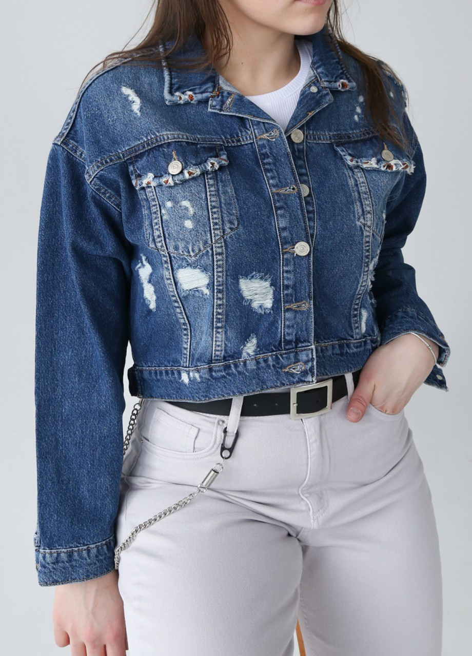 Синяя демисезонная джинсовая куртка женская синяя укороченная с рваностями Cracpot Свободная