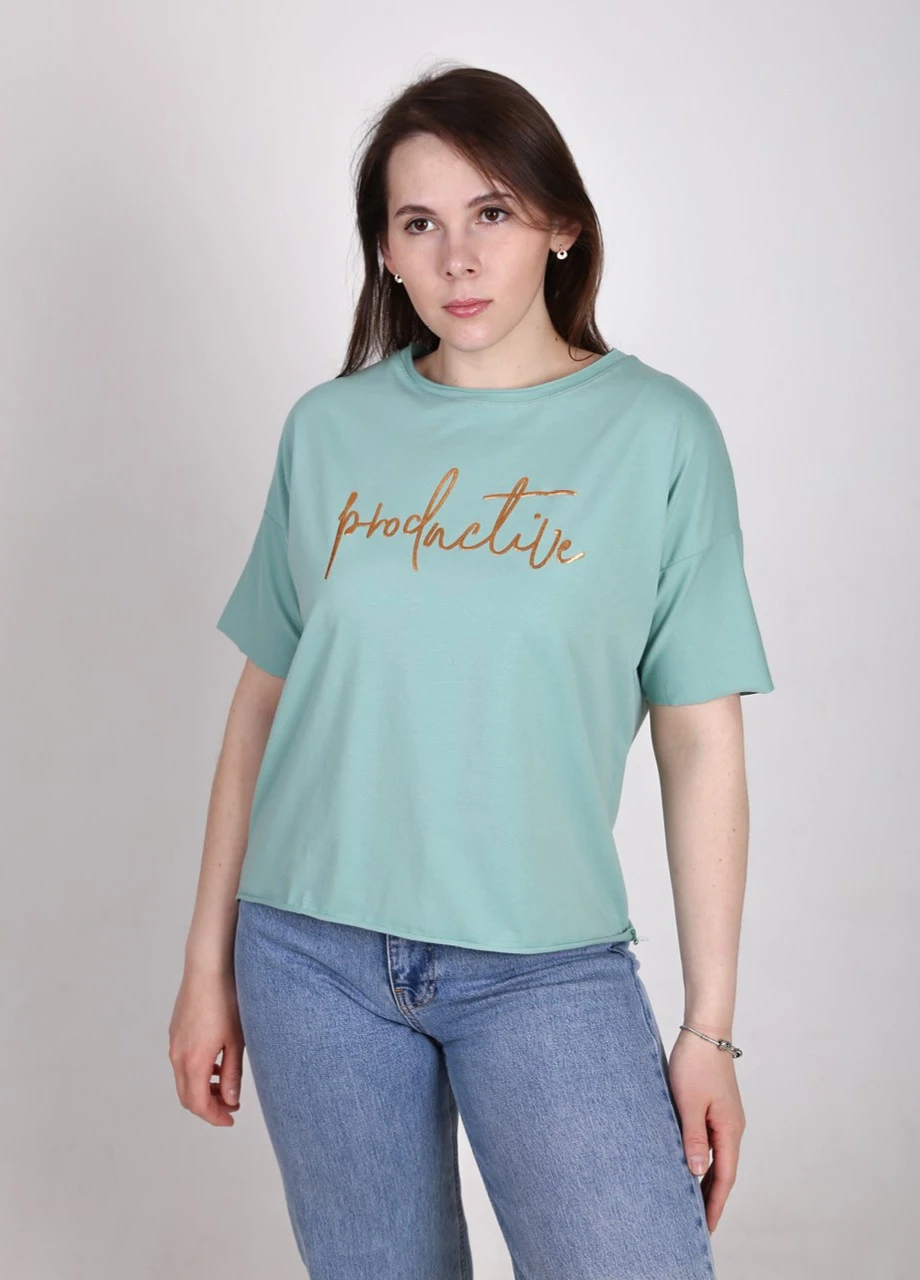 Футболка женская оливковая укороченная с надписью JEANSclub Короткая - (258190239)