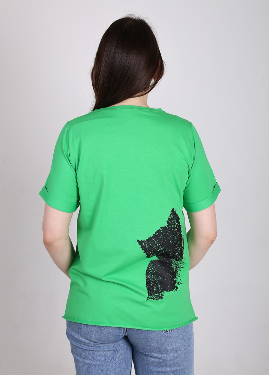 Зеленая всесезон футболка женская зеленая прямая с котом с коротким рукавом JEANSclub Прямая