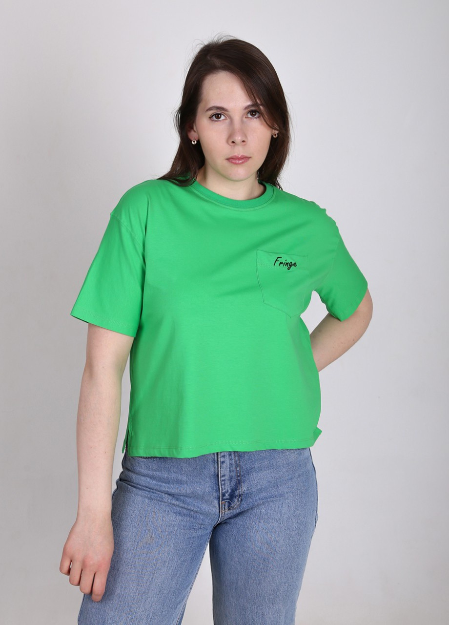 Зеленая всесезон футболка женская зеленая укороченная с карманом с коротким рукавом JEANSclub Короткая
