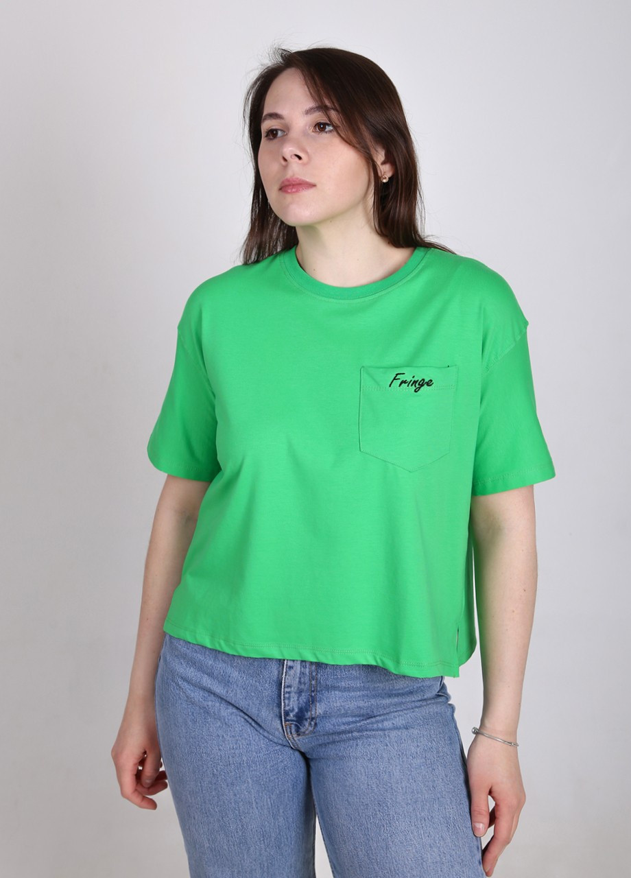 Зеленая всесезон футболка женская зеленая укороченная с карманом с коротким рукавом JEANSclub Короткая