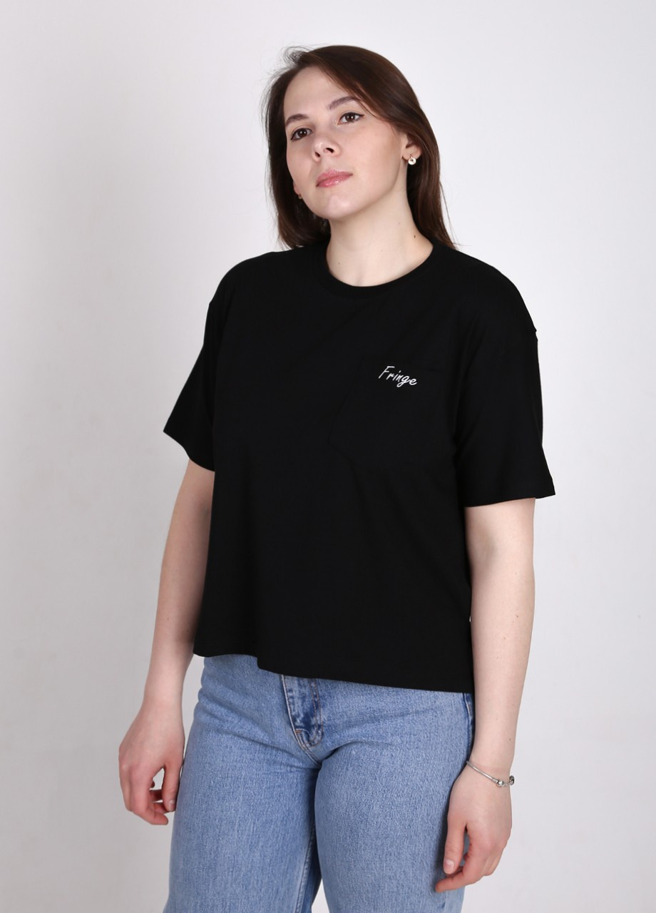 Черная всесезон футболка женская черная укороченная с карманом с коротким рукавом JEANSclub Короткая