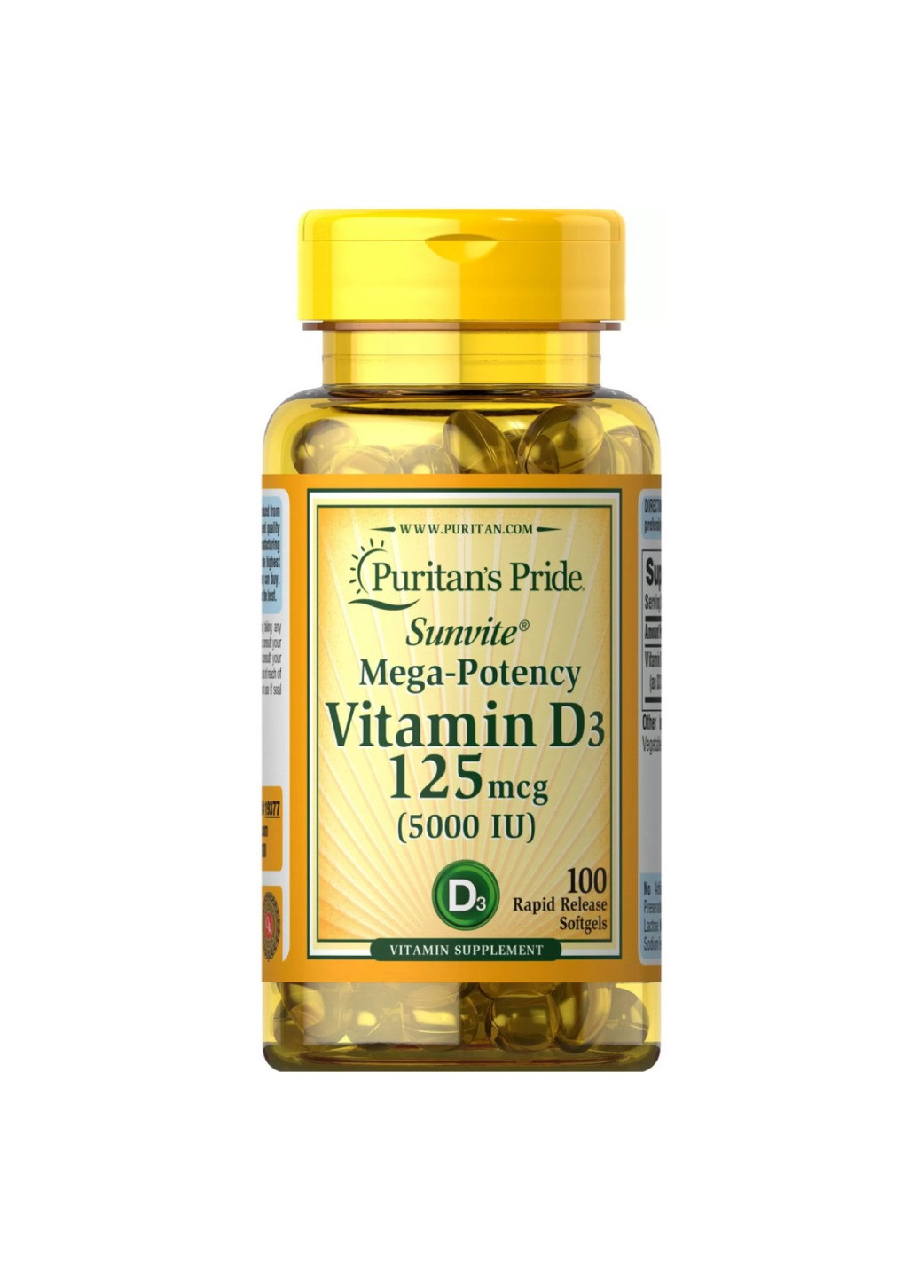 Vitamin D-3 125mcg (5000 IU) Sunvite Mega Potency - 100 tabs Puritans Pride (258191704)
