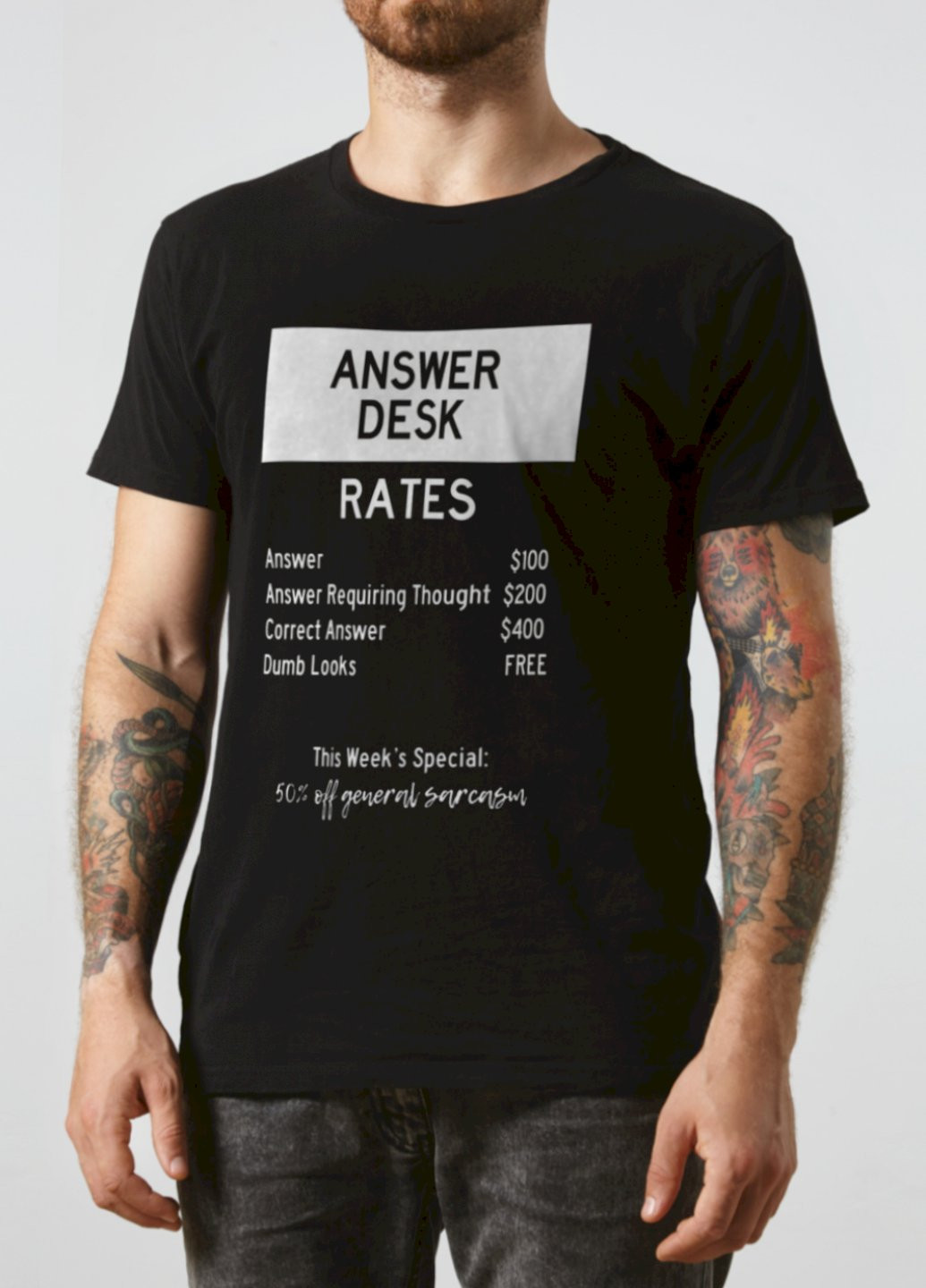 Чорна футболка "answer desk rates..." Ctrl+