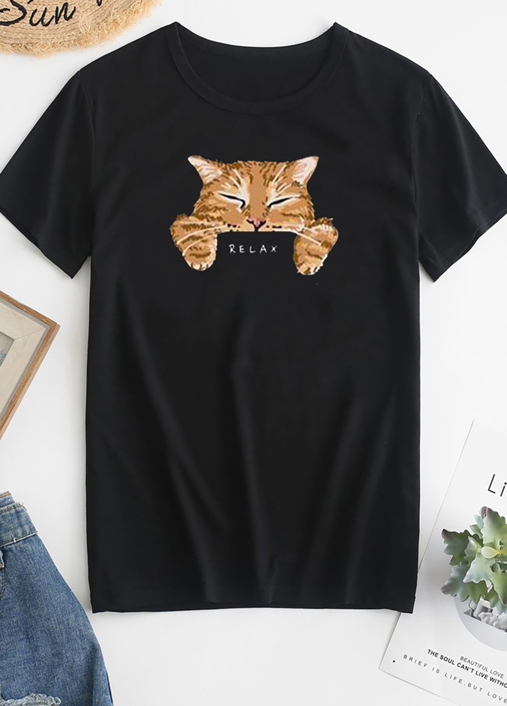 Черная демисезон футболка женская черная cat relax Love&Live