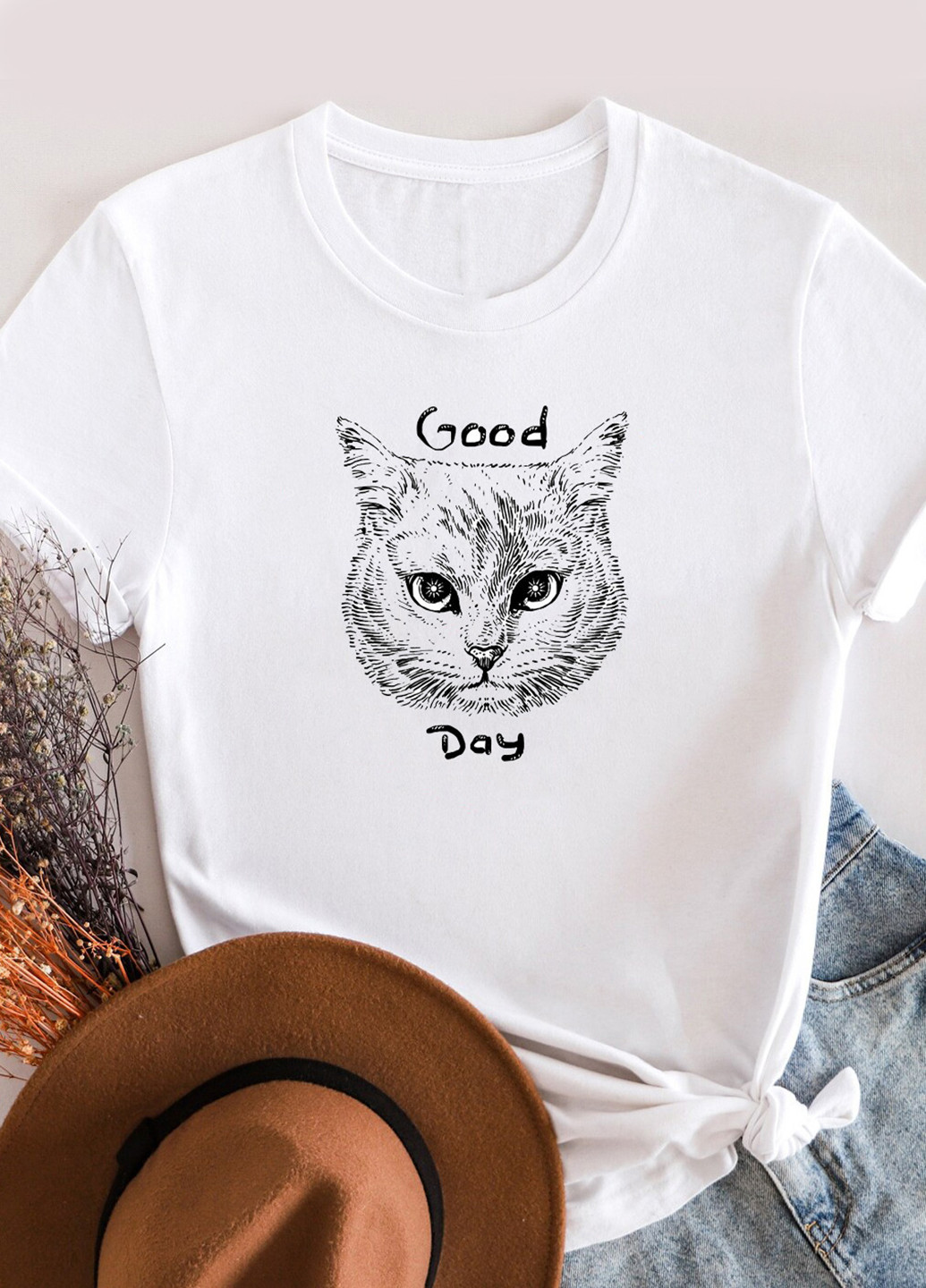 Белая демисезон футболка женская белая good cat day Love&Live