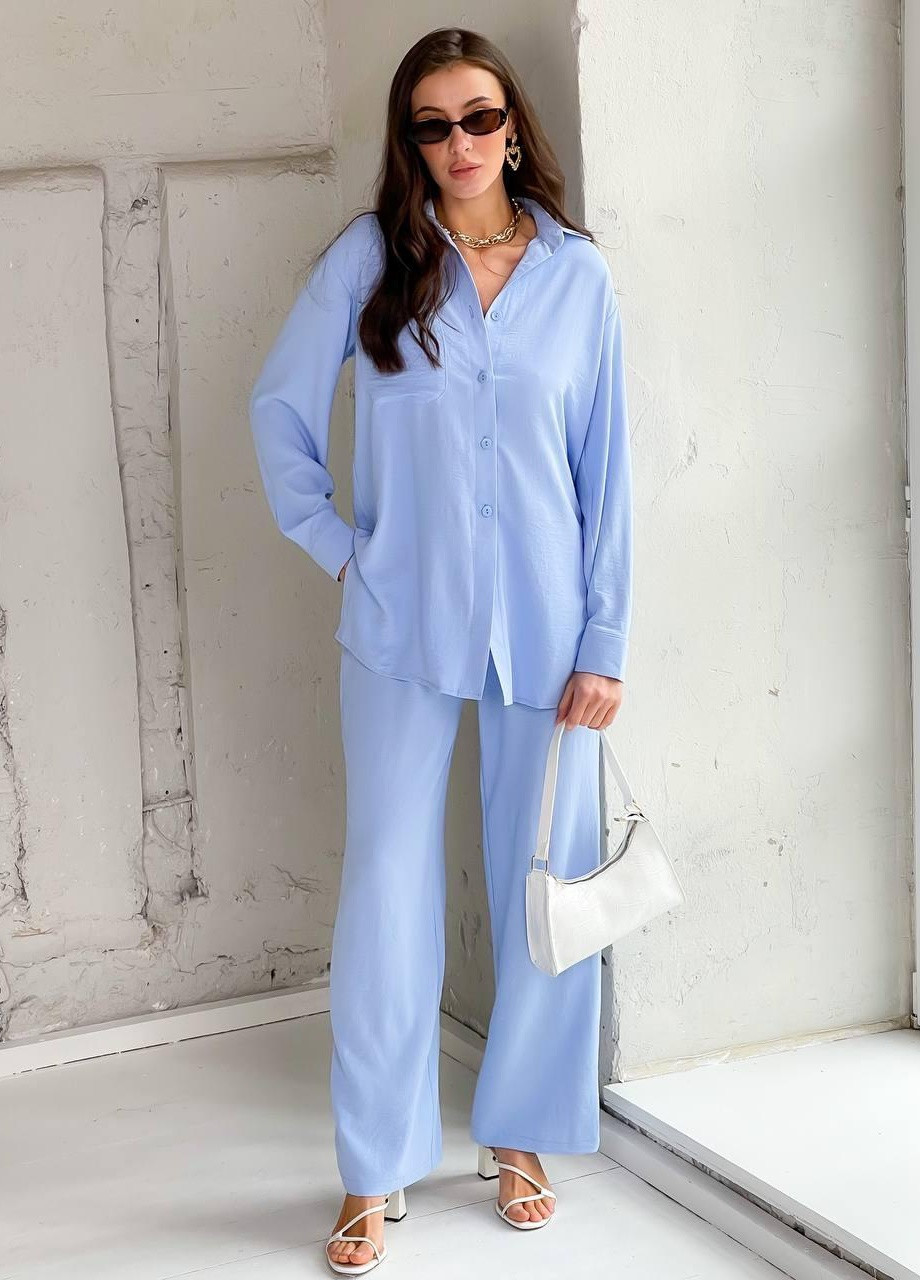 Літній брючний костюм-двійка сорочка та широкі штани палаццо клеш S-M L-XL (42-44 46-48) блакитний No Brand (258243476)