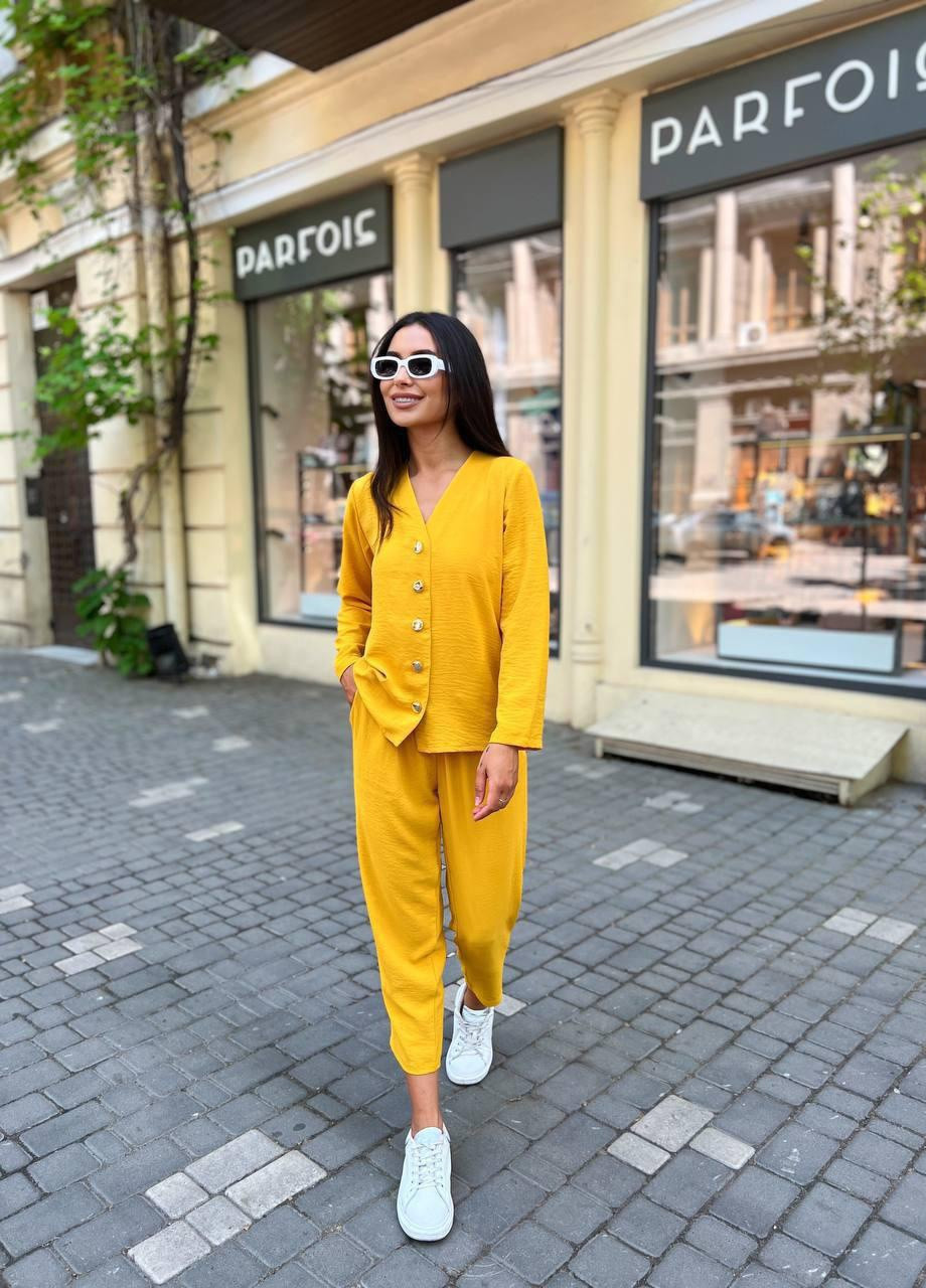 Летний брючный костюм-двойка рубашка брюки свободного кроя S-M L-XL(42-44 46-48) горчица No Brand (258243474)