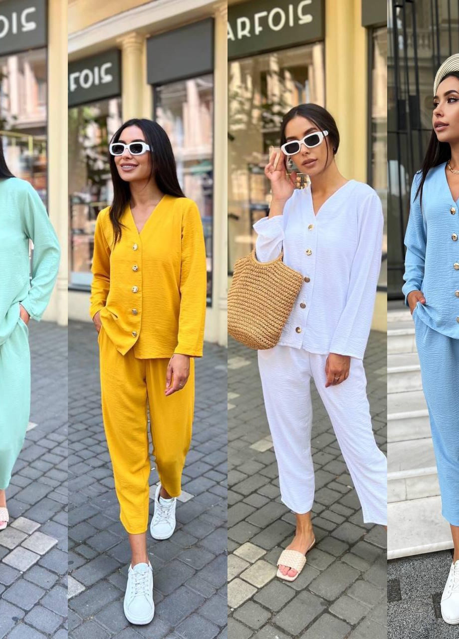 Летний брючный костюм-двойка рубашка брюки свободного кроя S-M L-XL(42-44 46-48) горчица No Brand (258243474)