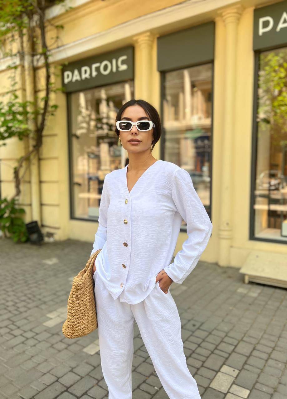 Летний брючный костюм-двойка рубашка брюки свободного кроя S-M L-XL(42-44 46-48) белый No Brand (258243472)