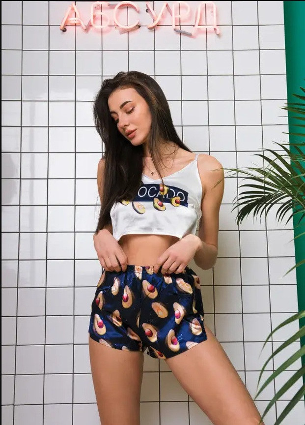 Комбінована пижама жіноча із штучного шовку армані топ + шорти avocado синя s m l шовкова жіноча піжама шорти міні+майка 42 44 46 No Brand