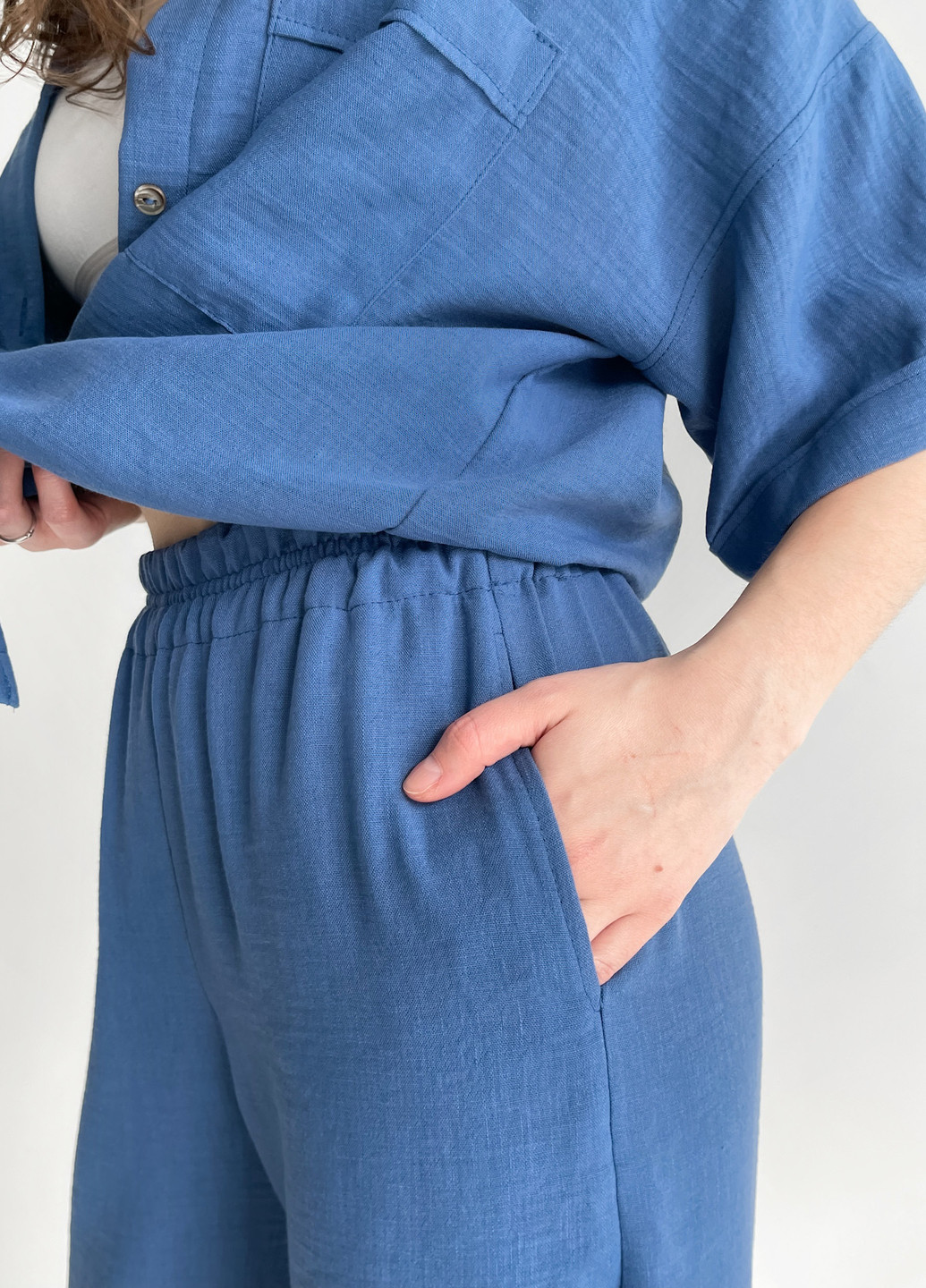 Женские брюки клеш от бедра из льна синие 600000143 Merlini палуцца (258280316)