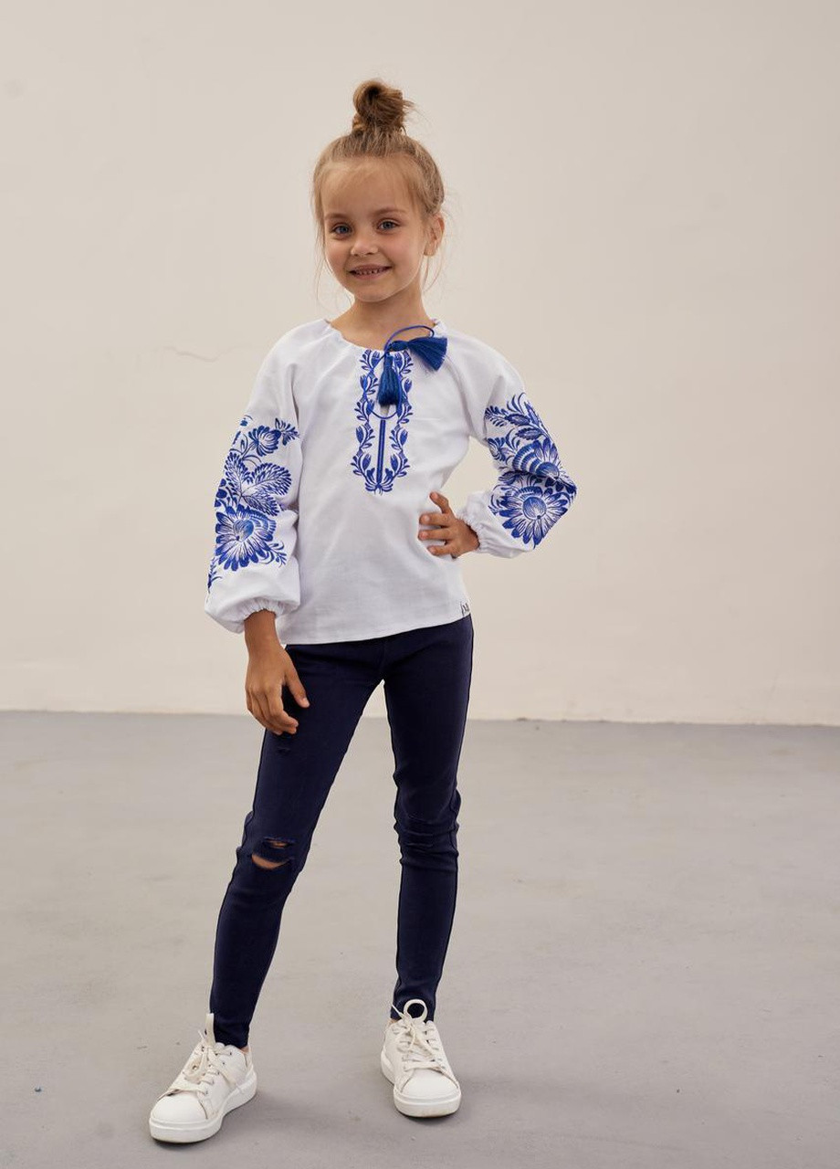 Біла вишиванка для дівчинки "жоржина" (синя) MEREZHKA візерунок українська символіка бавовна (258287678)
