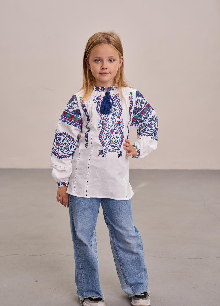 Бежева вишиванка для дівчинки "казка" синя MEREZHKA візерунок українська символіка бязь (258287620)