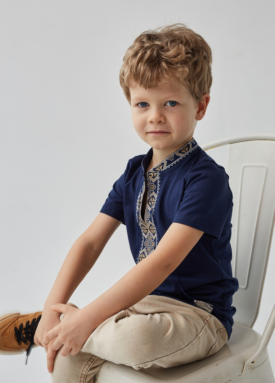 Синя вишита футболка для хлопчика "козацька" MEREZHKA візерунок українська символіка бавовна (258287675)