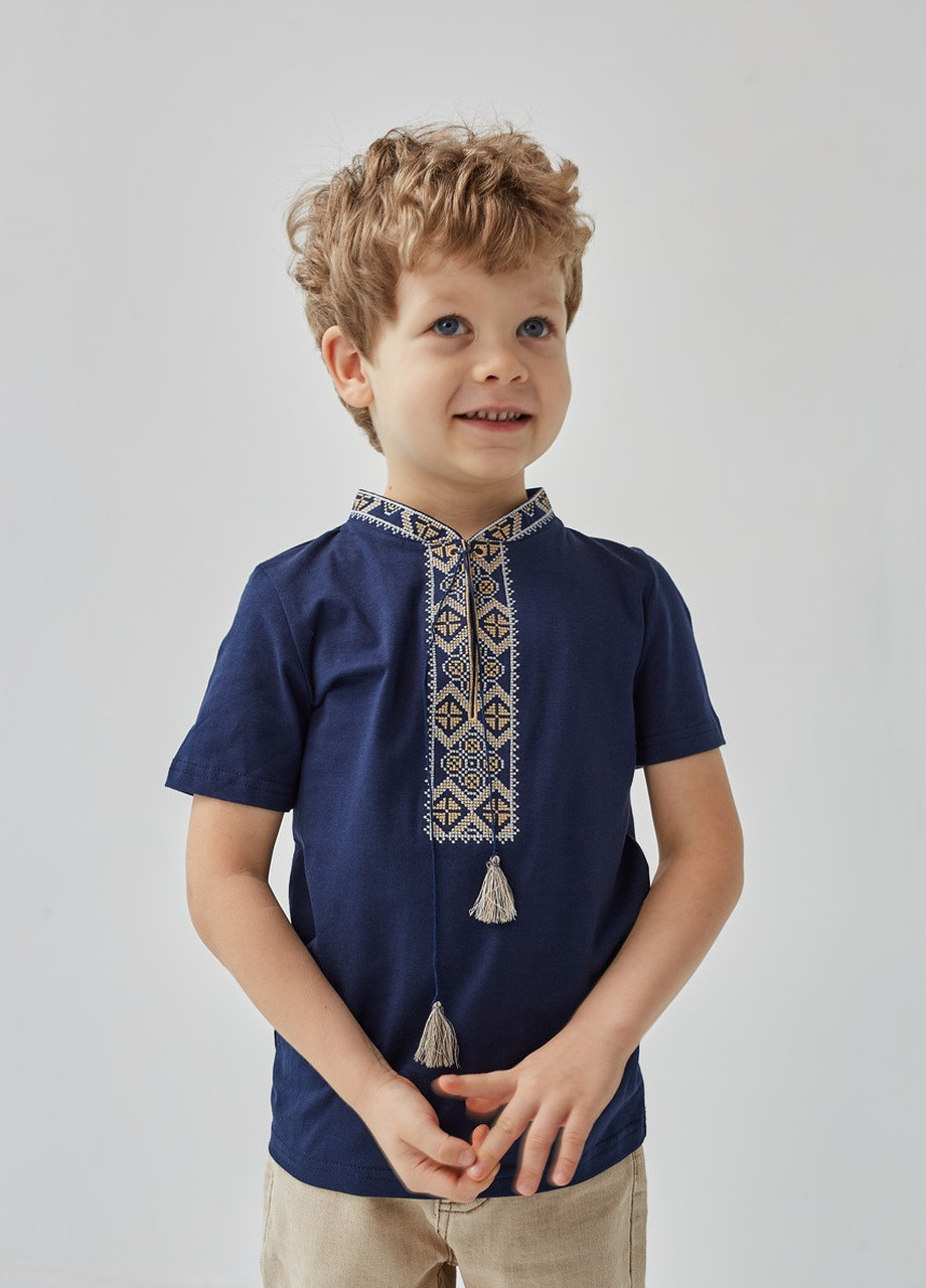 Синя вишита футболка для хлопчика "козацька" MEREZHKA візерунок українська символіка бавовна (258287675)