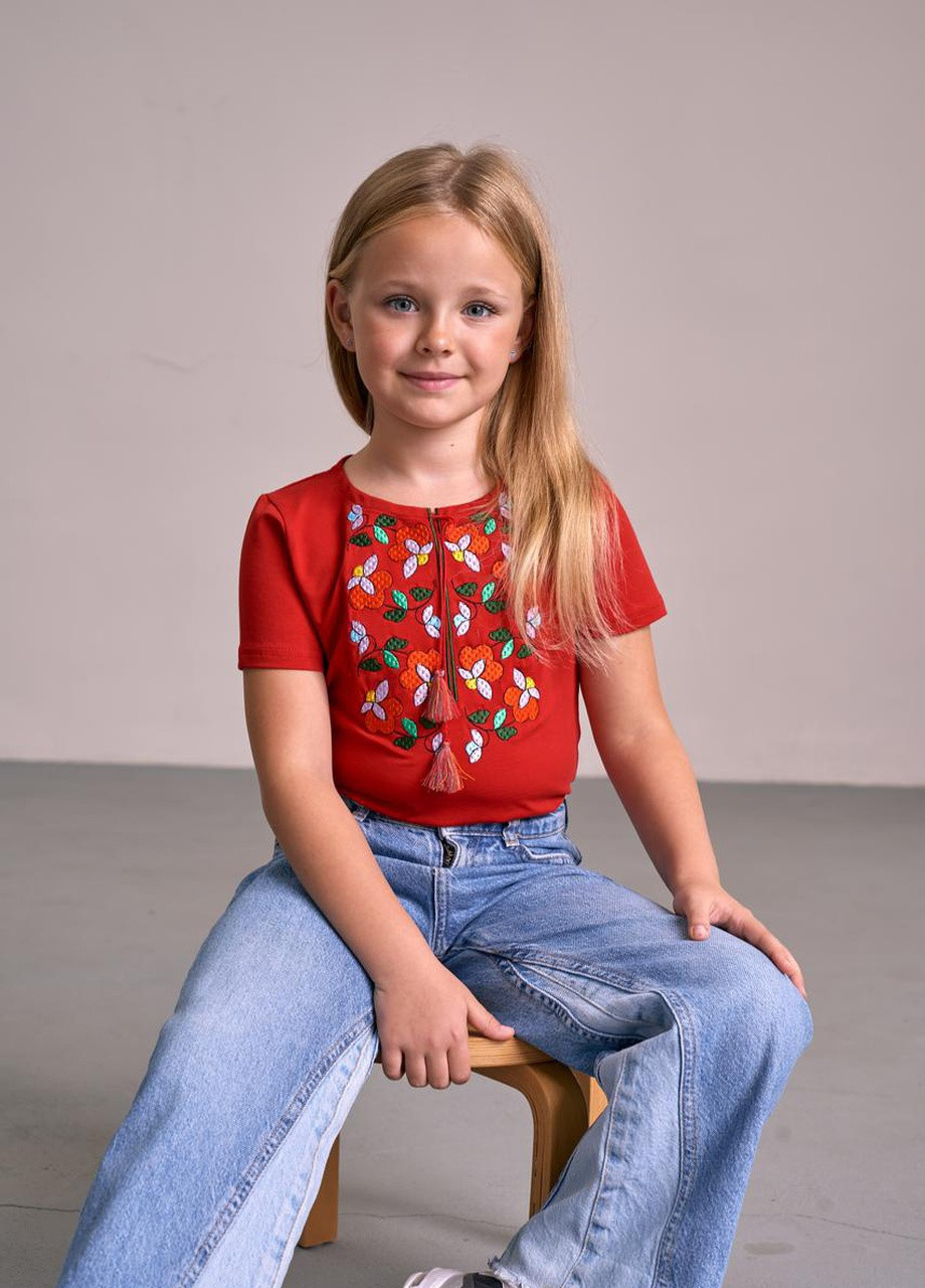 Трикотажна футболка з вишивкою для дівчинки "Берегиня" MEREZHKA українська символік червона кежуал бавовна