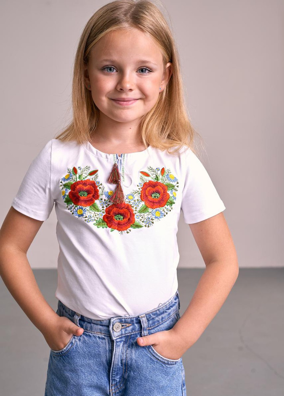 Трикотажна футболка з вишивкою для дівчинки "Маки-волошки" MEREZHKA (258287661)