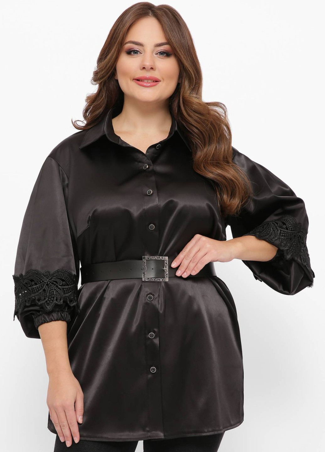 Черная летняя атласная блуза с кружевом софт черная Tatiana