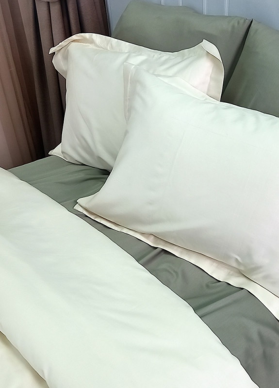 Постельное белье MERISET ДУЭТ MILK CHAMPAGNE/OLIVE Premium Сатин однотон Двуспальное на резинке No Brand (258386077)