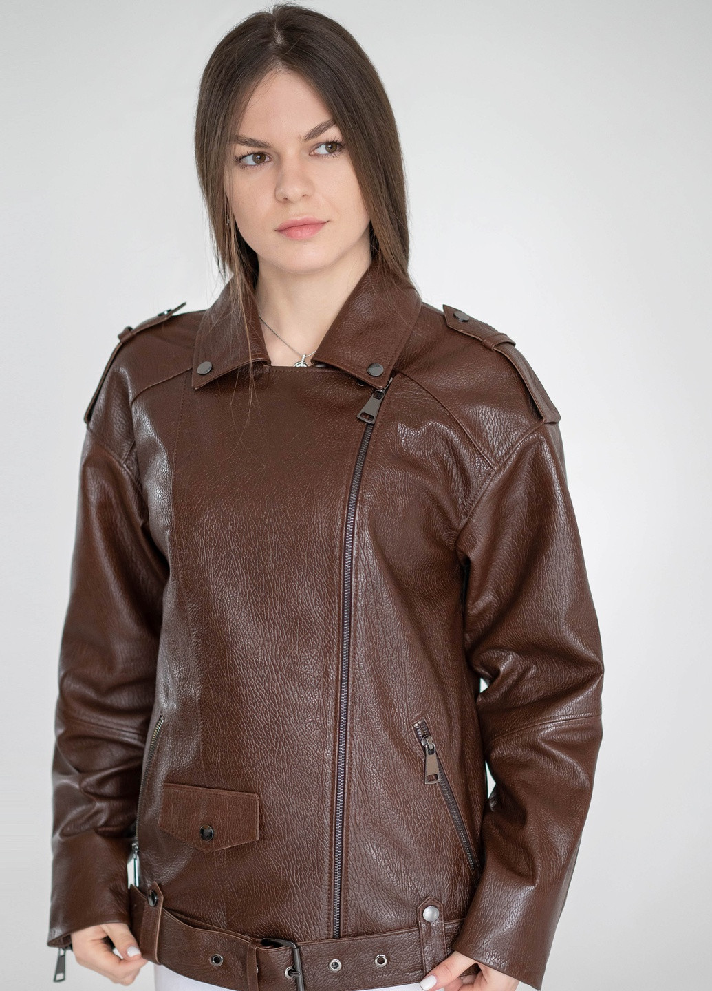 Темно-коричнева демісезонна жіноча шкіряна куртка весна Fabio Monti