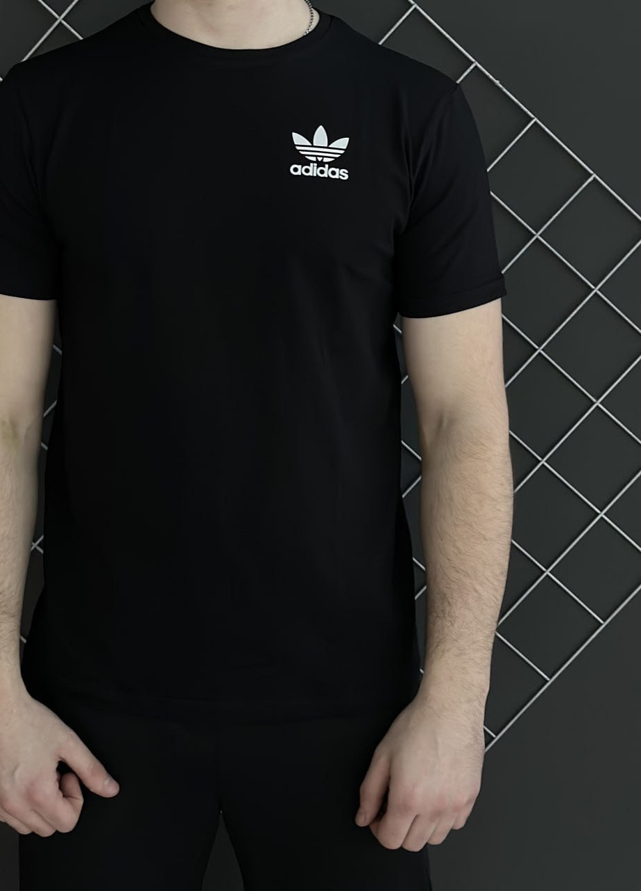 Чорний демісезонний костюм штани чорні adidas (білий лого) + футболка чорна adidas Vakko