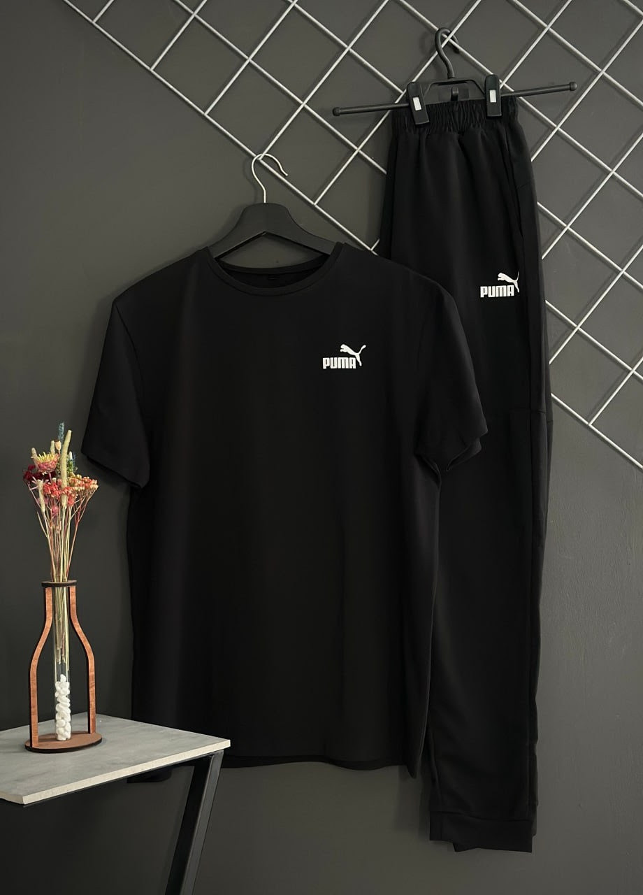 Черный демисезонный костюм штаны черные puma (белый лого) + футболка черная puma Vakko