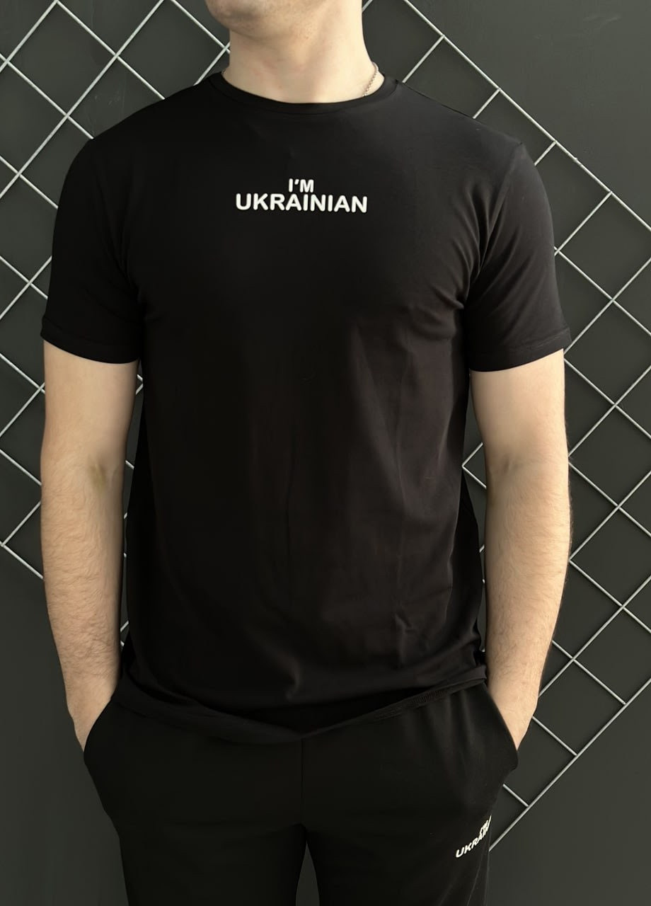 Чорний демісезонний костюм штани чорні i'm ukrainian (білий лого) + футболка чорна i'm ukrainian Vakko