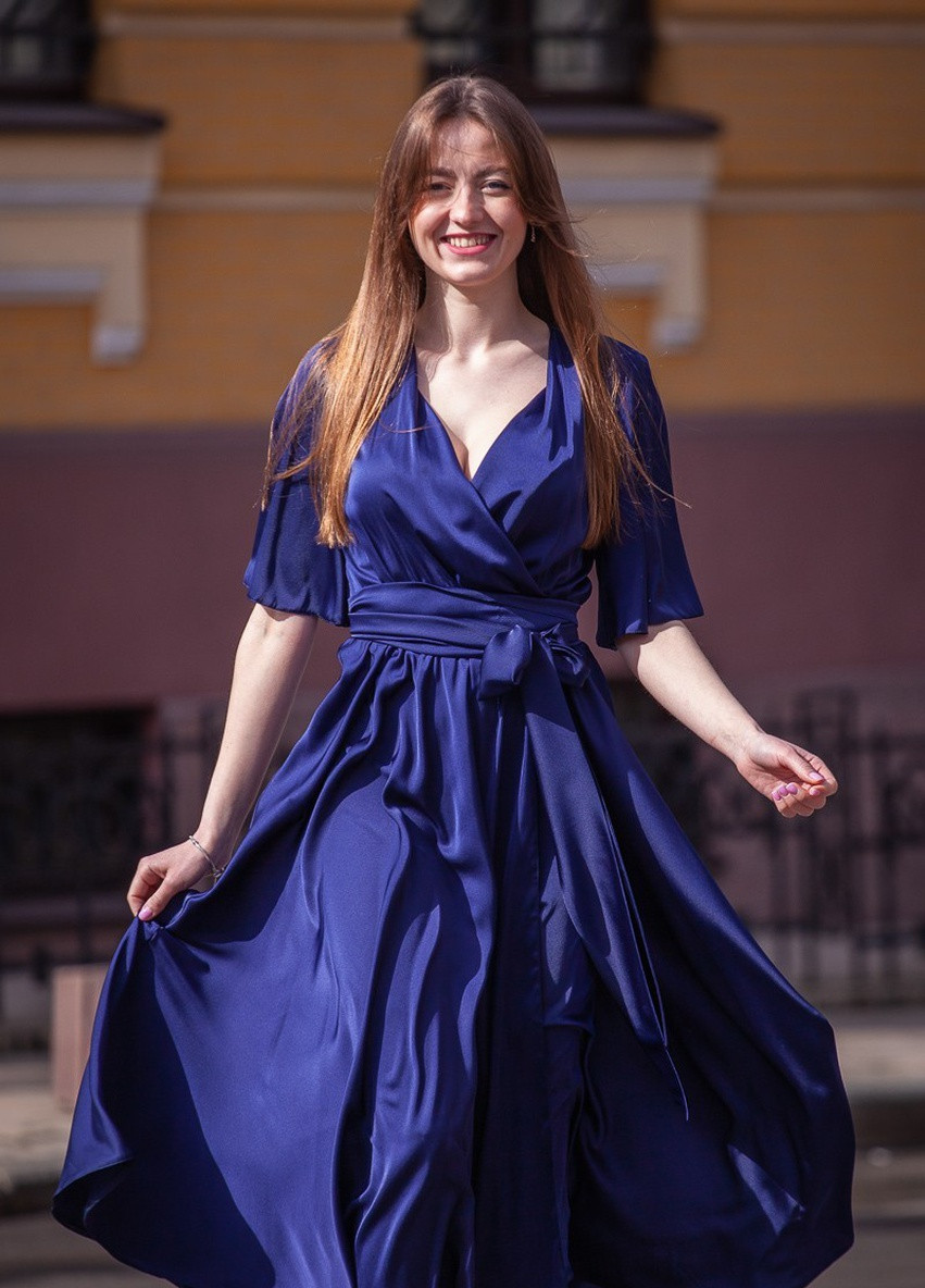 Синее вечернее платье а-силуэт, на запах JadFashion однотонное