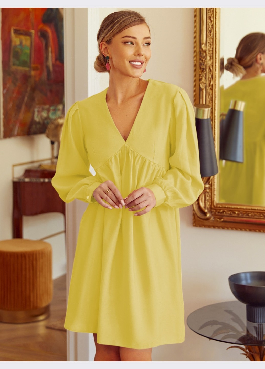 Желтое льняное платье свободного кроя жёлтое Dressa