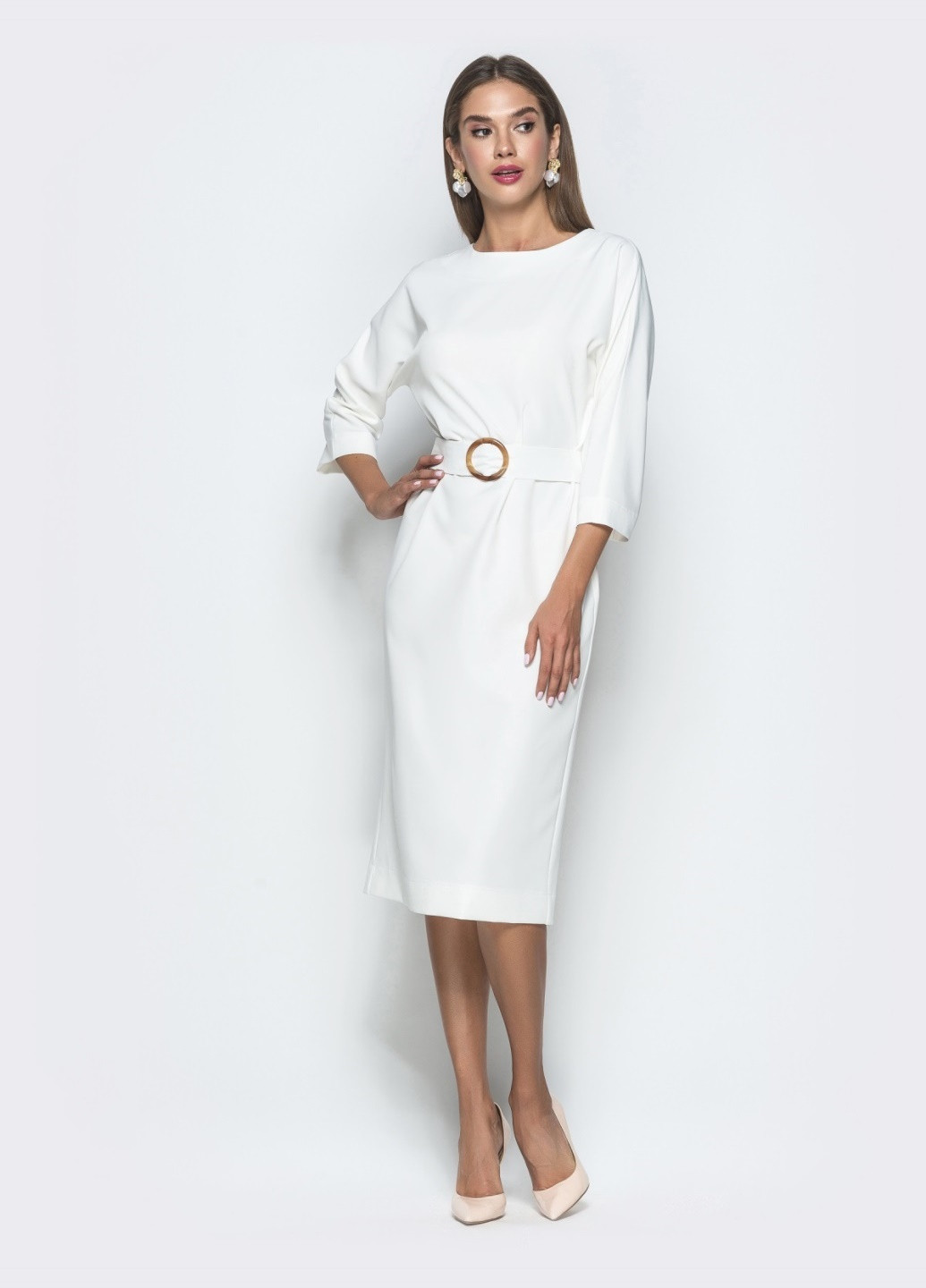 Белое белое платье-миди с цельнокроеным рукавом Dressa