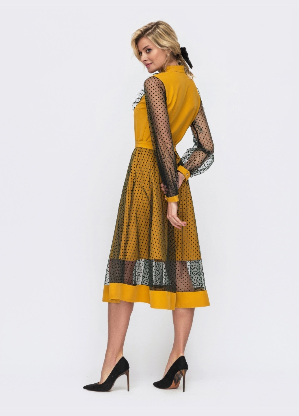 Гірчична плаття гірчичногог кольору зі спідницею-кльош та вставками з фатину Dressa