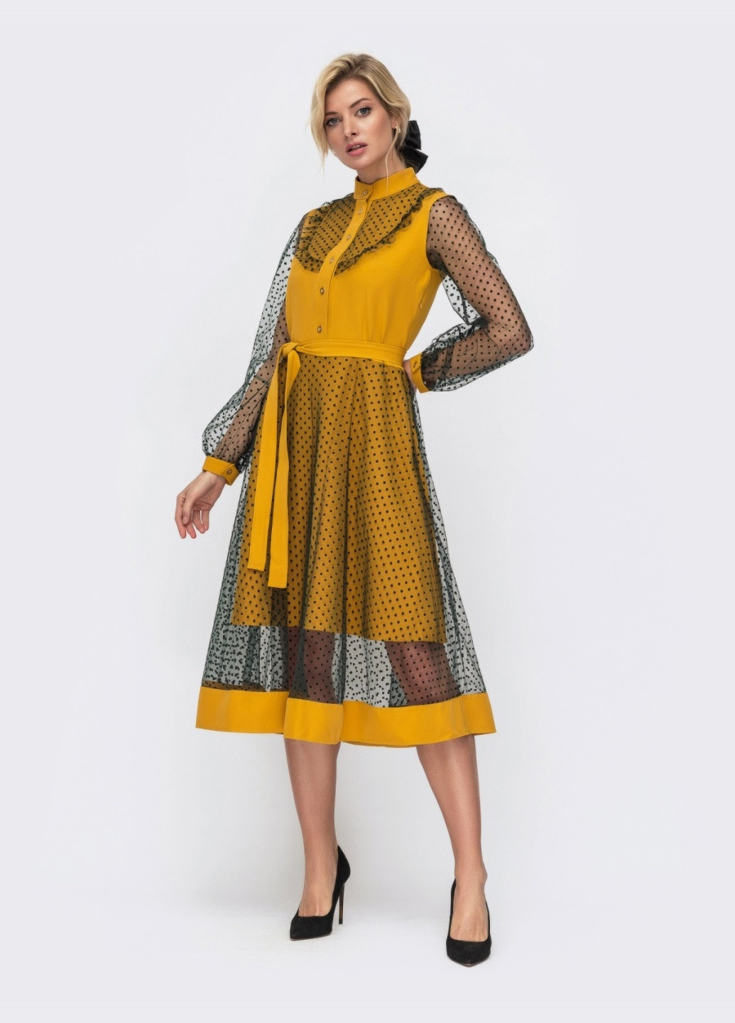 Гірчична плаття гірчичногог кольору зі спідницею-кльош та вставками з фатину Dressa