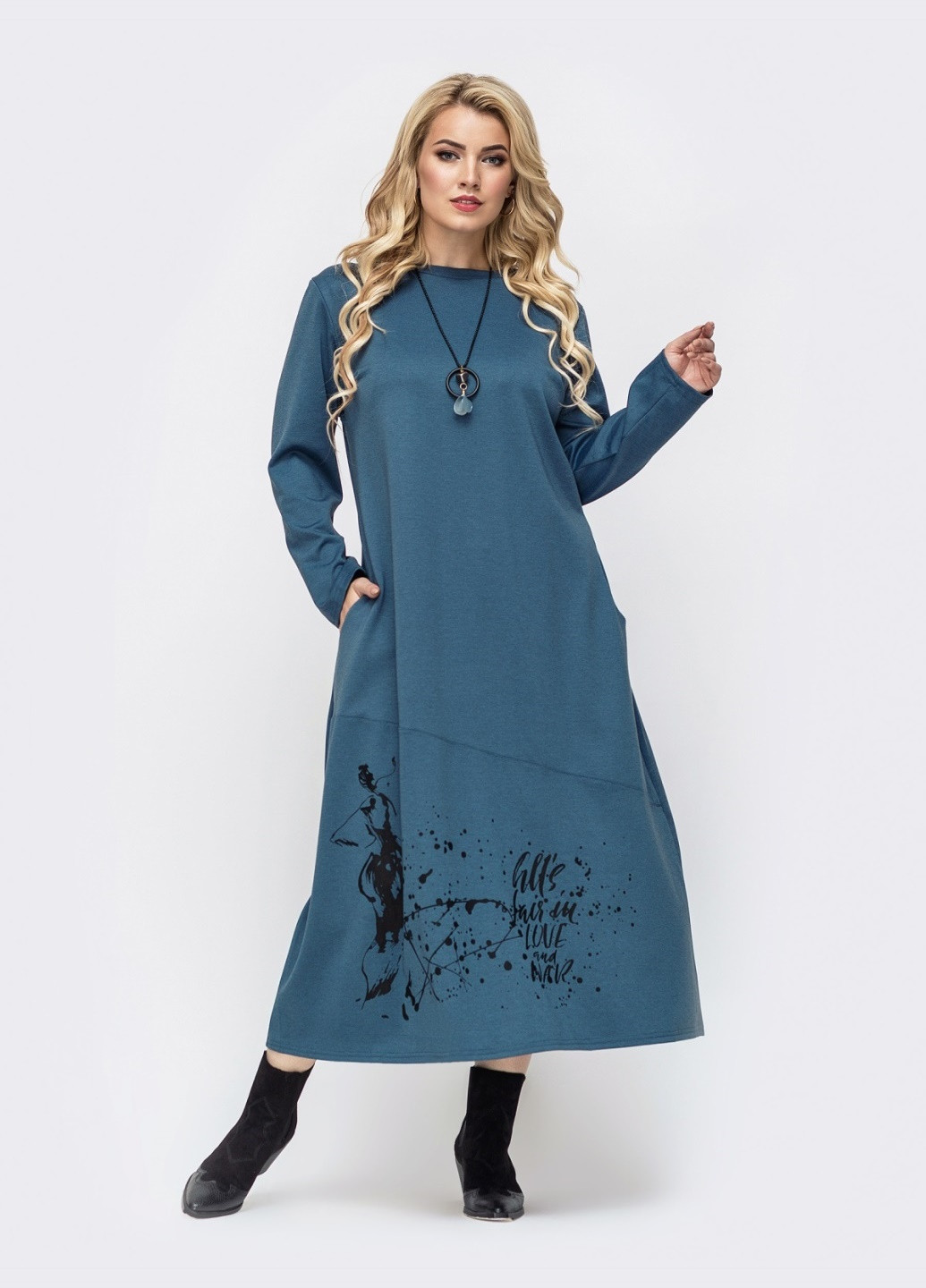 Синя синя сукня батал з кишенями і принтом на поличці Dressa