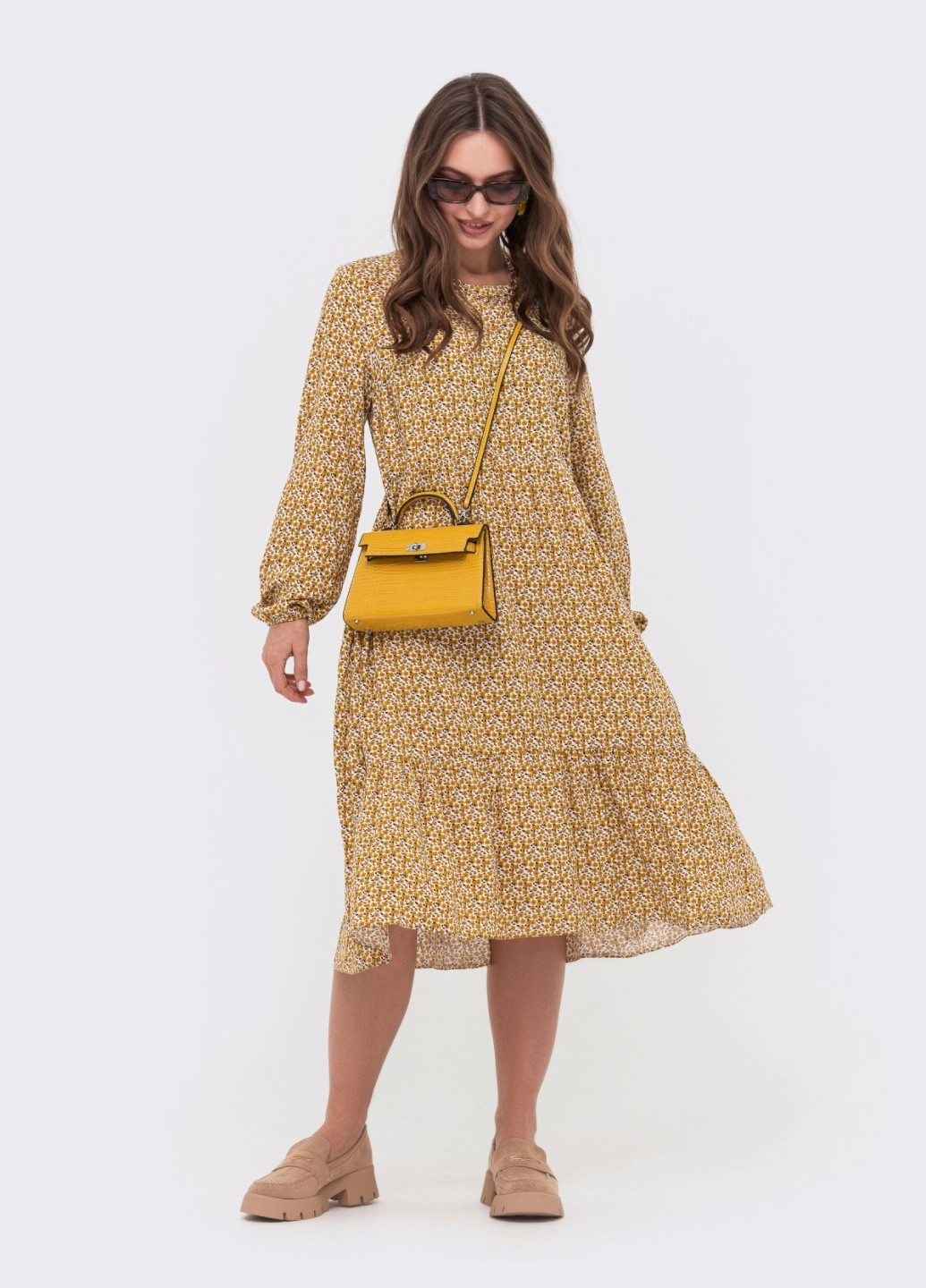 Гірчична сукня-міді зі штапелю гірчичного кольору Dressa