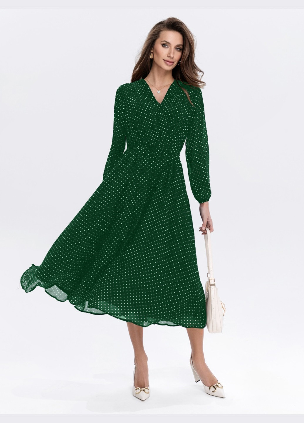 Зеленое шифоновое платье зеленого цвета в горошек с расклешенной юбкой Dressa