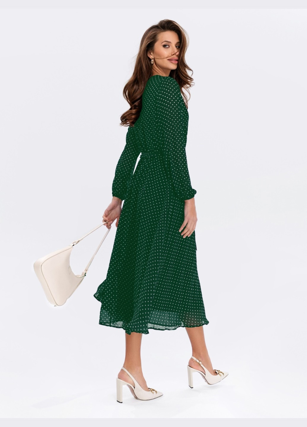 Зеленое шифоновое платье зеленого цвета в горошек с расклешенной юбкой Dressa