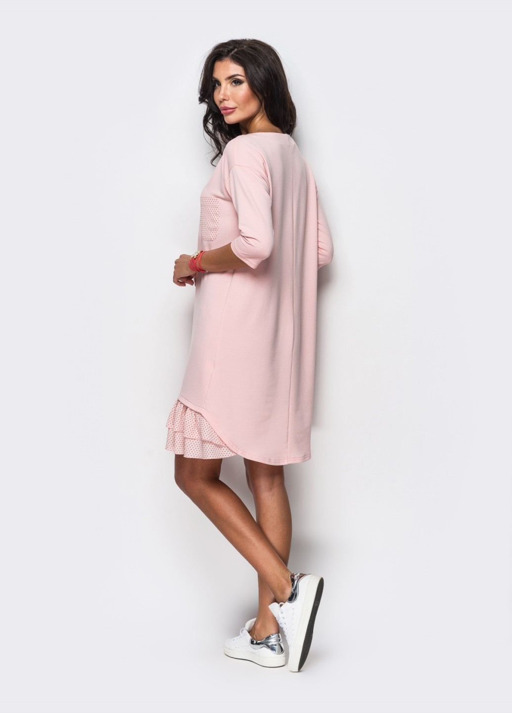 Розовое кэжуал розовое кежуал платье с двухъярусной оборкой на полочке однотонное Dressa однотонное
