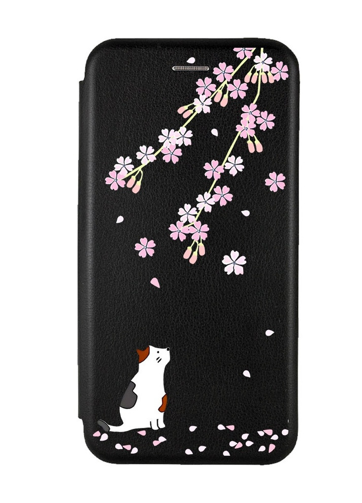 Чехол-книжка с рисунком для Xiaomi Redmi Note 8 Pro Черный :: Котик и сакура (принт 283) Creative (258491902)