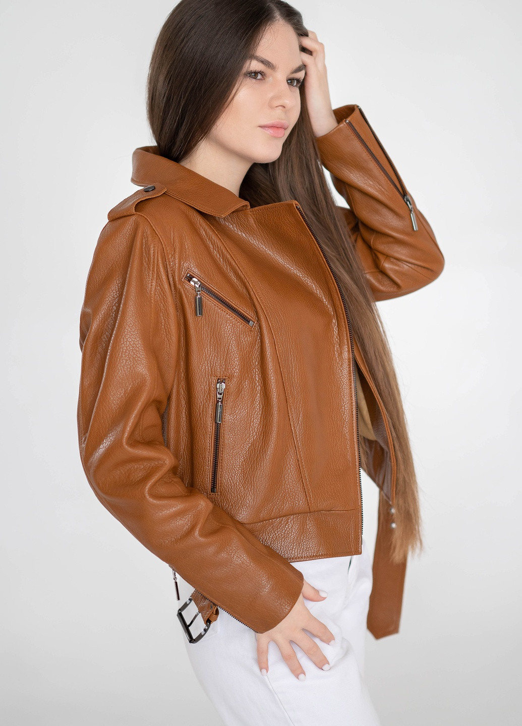 Светло-коричневая демисезонная женская кожаная куртка весна Fabio Monti