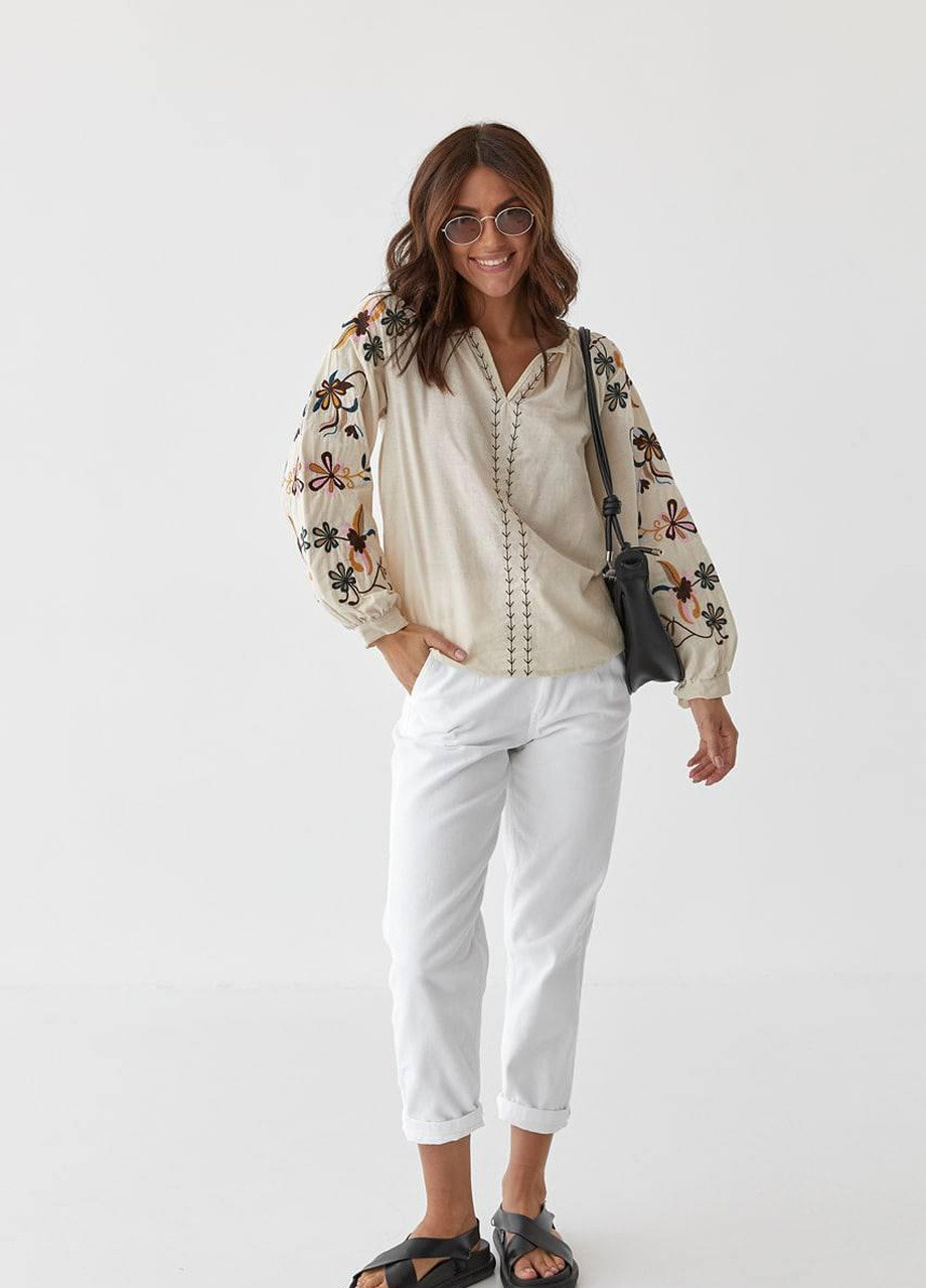 Жіноча вишиванка бежева, бавовняна блузка з вишивкою S M L(42 44 46) No Brand (258486821)