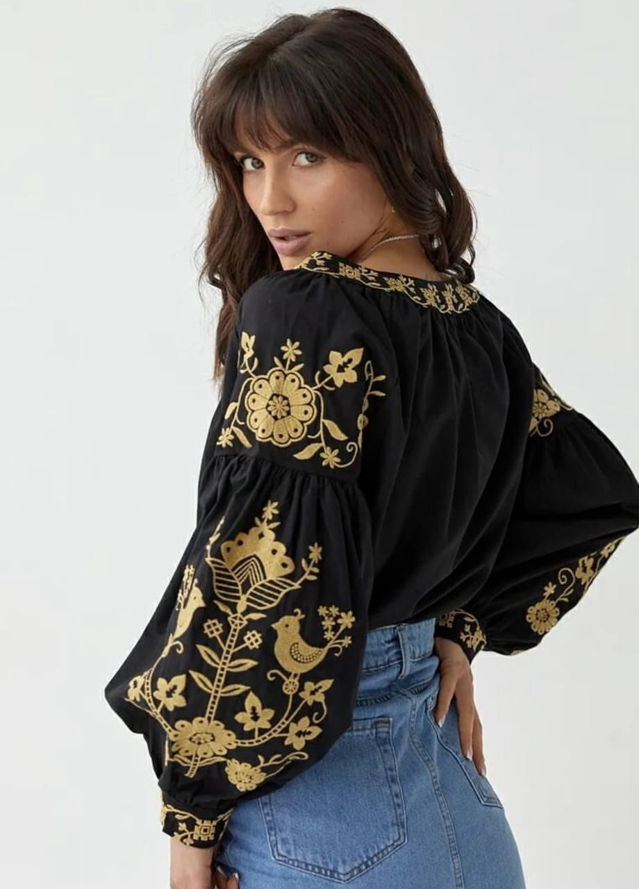 Черная женская вышиванка, рубашка с золотой вышивкой S M L(42 44 46) No Brand (258486822)
