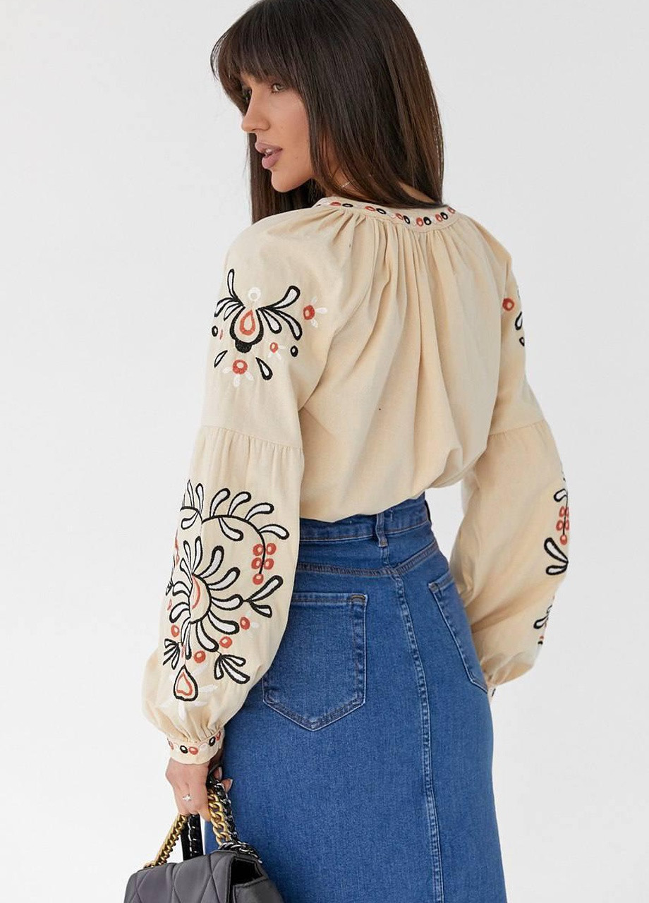 Бежевая женская бежевая вышиванка, хлопковая блузка с вышивкой рукав фонарик s m l(42 44 46) (258486818)