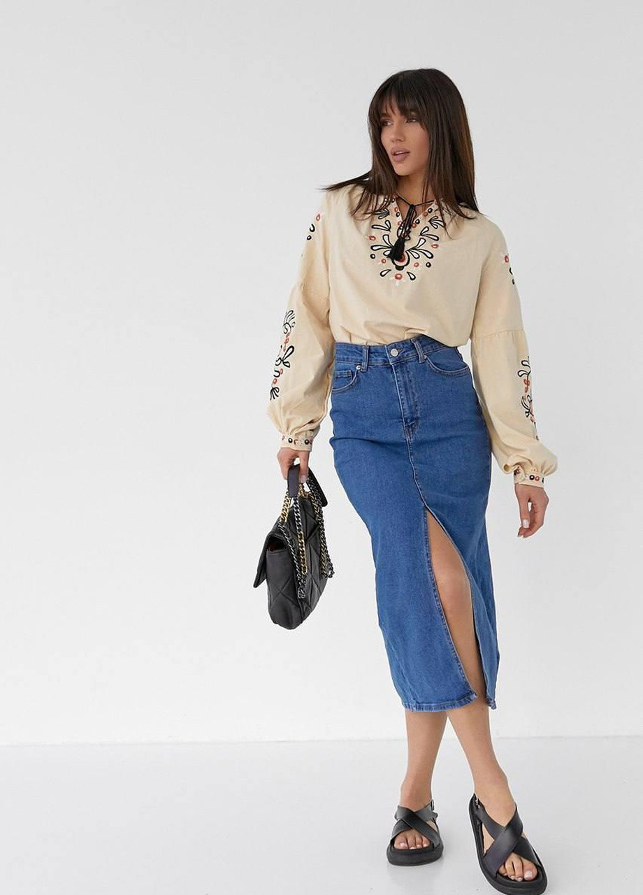 Бежевая женская бежевая вышиванка, хлопковая блузка с вышивкой рукав фонарик s m l(42 44 46) (258486818)