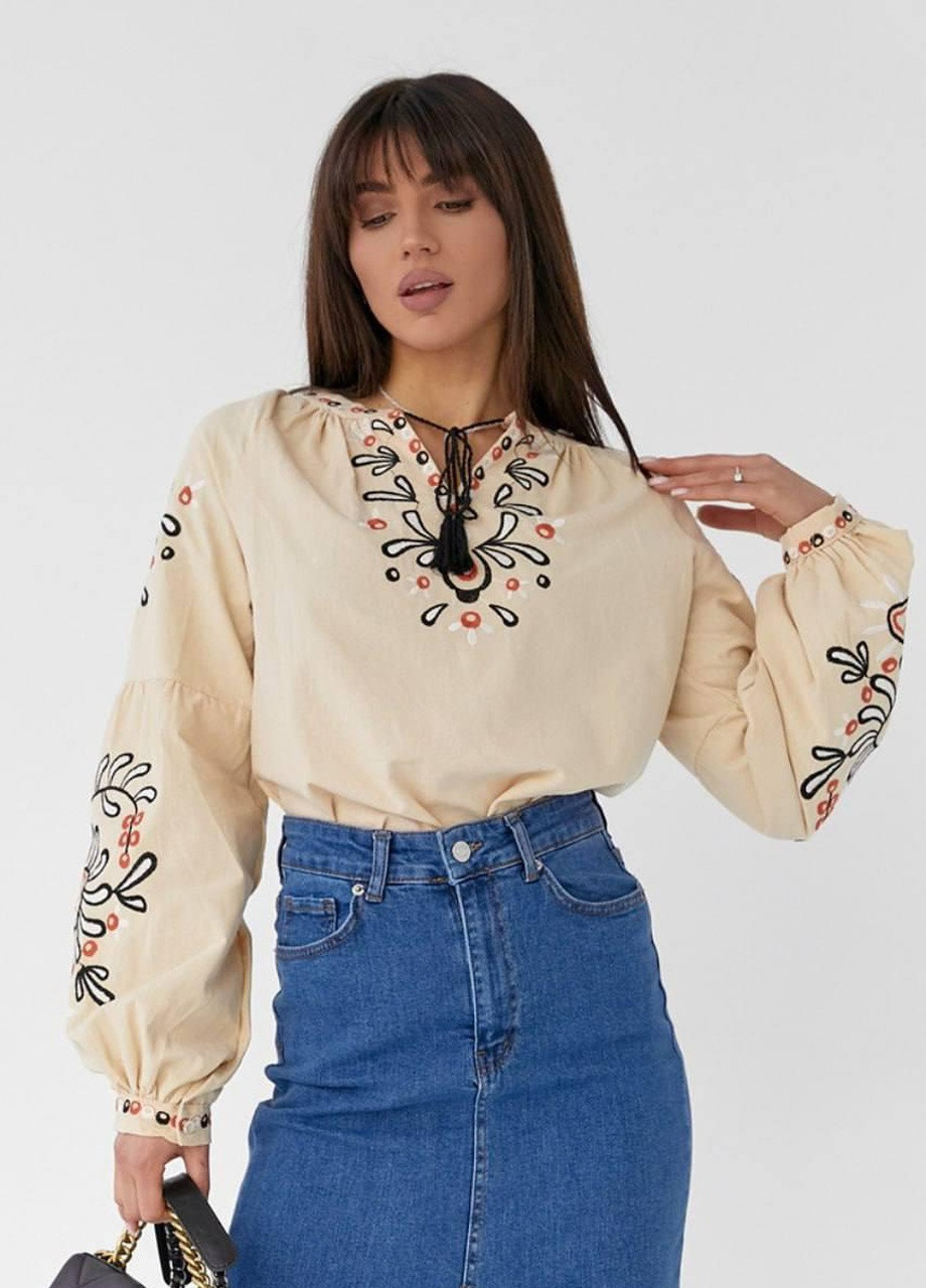 Бежевая женская бежевая вышиванка, хлопковая блузка с вышивкой рукав фонарик s m l(42 44 46) (258486818)
