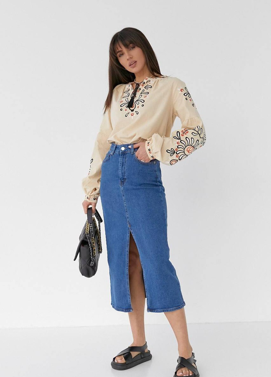 Бежевая женская бежевая вышиванка, хлопковая блузка с вышивкой рукав фонарик s m l(42 44 46) (258486818)